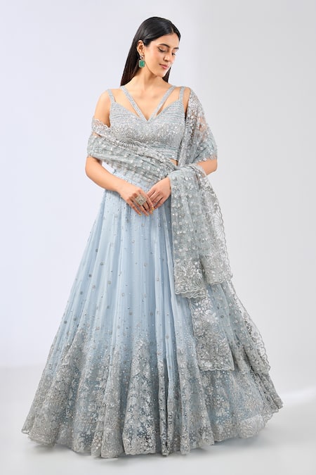 Rabani & Rakha Blue Georgette Embroidered Sequin Cutout Naida Floral Lehenga Set 