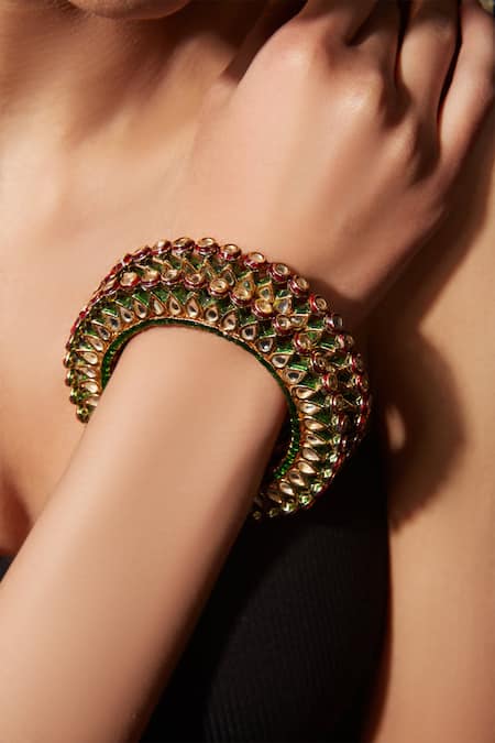 Vivinia By Vidhi Mehra_Gold Plated Metallic Thread, Stones Meenakari Kundan Studded Bangle - Set Of 2 _Online_at_Aza_Fashions
