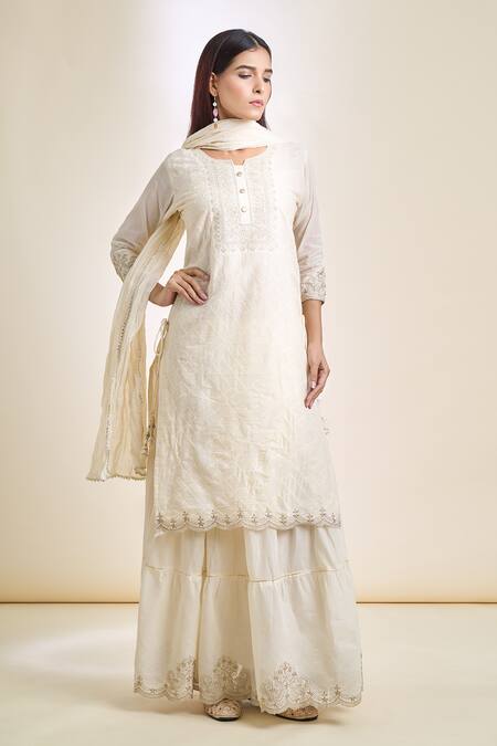 Buy Samyukta Singhania White Cotton Embroidery Round Neck Thread Kurta Skirt Set Buy_Samyukta Singhania_White Cotton Embroidery Round Neck Thread Kurta Skirt Set