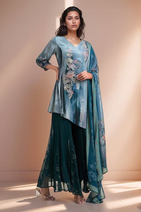 Samyukta Singhania Floral Embroidered Asymmetric Tunic Pant Set 