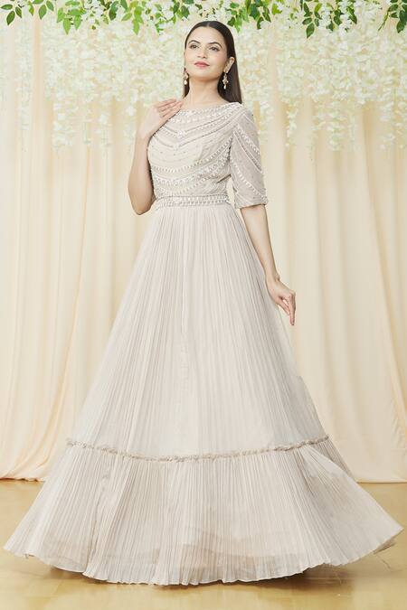 Khwaab By Sanjana Lakhani_Beige Viscose, Organza Pearls, Sequins, Crystals Round Embellished Yoke Gown_at_Aza_Fashions