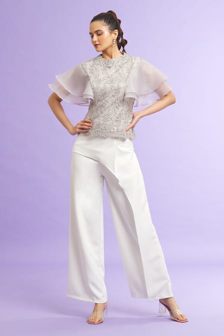 Samyukta Singhania_Grey Organza, Lace Embroidery Round Neck Floral Pattern Top_at_Aza_Fashions