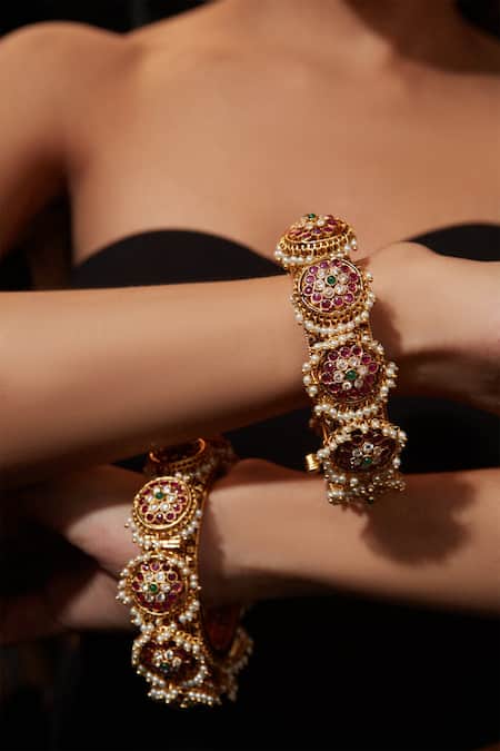 Vivinia By Vidhi Mehra_Gold Plated Stones, Beads, Gota Patti Onyx Embellished Bangle - Set Of 2 _Online_at_Aza_Fashions