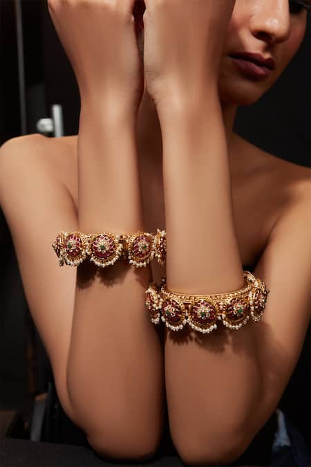 Buy_Vivinia By Vidhi Mehra_Gold Plated Stones, Beads, Gota Patti Onyx Embellished Bangle - Set Of 2 _Online_at_Aza_Fashions