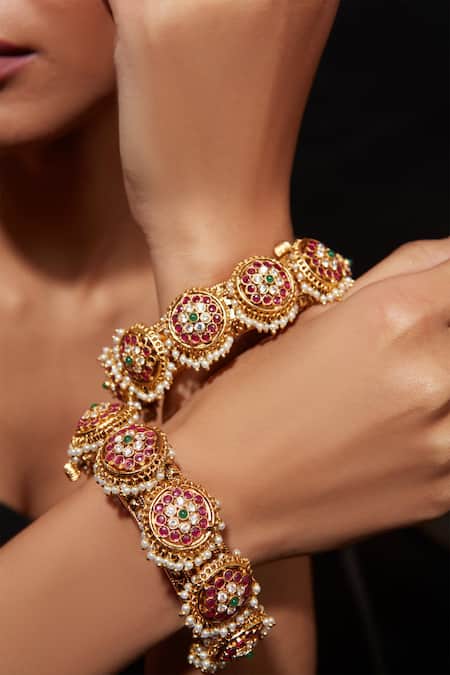 Shop_Vivinia By Vidhi Mehra_Gold Plated Stones, Beads, Gota Patti Onyx Embellished Bangle - Set Of 2 _Online_at_Aza_Fashions