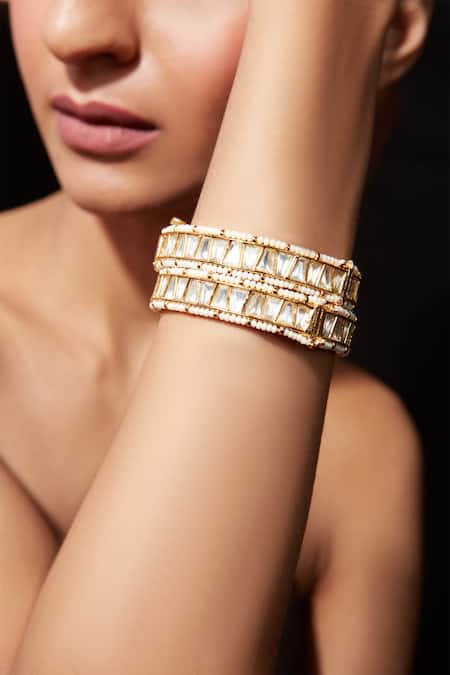 Vivinia By Vidhi Mehra_Gold Plated Beads, Diamonds Kundan Polki Embellished Bangle - Set Of 2 _Online_at_Aza_Fashions