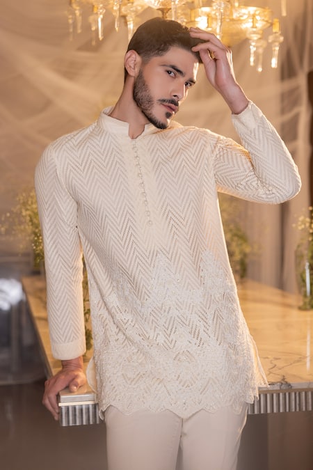 Shop Amit Arora Cream Cotton Embroidery Crochet Chevron Pattern Kurta With Pant at Aza Fashions Shop_Amit Arora_Cream Cotton Embroidery Crochet Chevron Pattern Kurta With Pant _at_Aza_Fashions