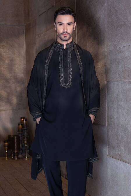 Amit Arora_Black Polyester Stones, Embroidery Kurta Aligadhi Set _Online_at_Aza_Fashions