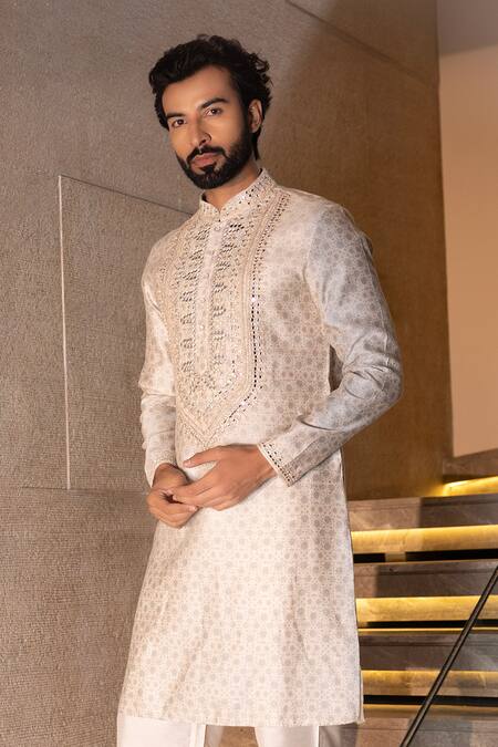 Buy_Amit Arora_Cream Silk, Cotton Mirrors, Embroidery Kurta With Aligadhi _Online_at_Aza_Fashions