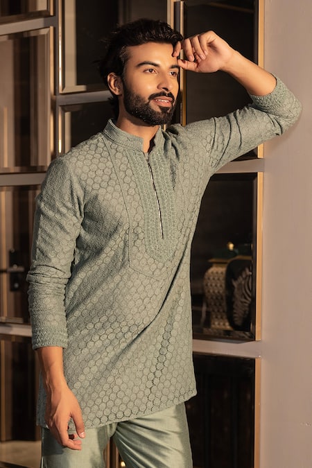 Amit Arora Crochet Floral Pattern Short Kurta With Pant 