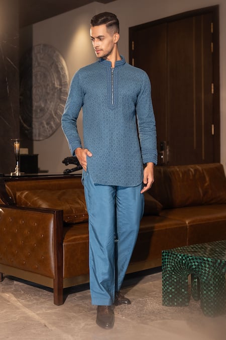 AMIT ARORA Blue Kurta Embroidered Geometric Pattern Short With Pant