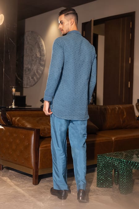 Shop Amit Arora Blue Cotton, Silk Beads Crochet Geometric Pattern Short Kurta With Pant at Aza Fashions Shop_Amit Arora_Blue Cotton, Silk Beads Crochet Geometric Pattern Short Kurta With Pant _at_Aza_Fashions