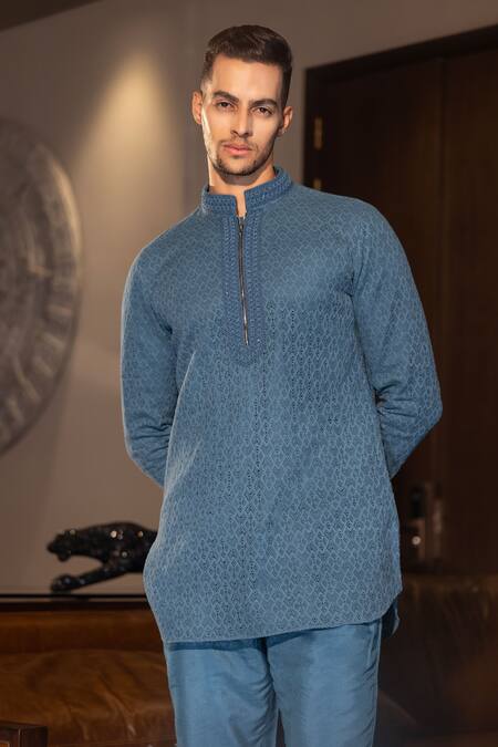 Amit Arora Blue Cotton, Silk Beads Crochet Geometric Pattern Short Kurta With Pant Online at Aza Fashions Amit Arora_Blue Cotton, Silk Beads Crochet Geometric Pattern Short Kurta With Pant _Online_at_Aza_Fashions