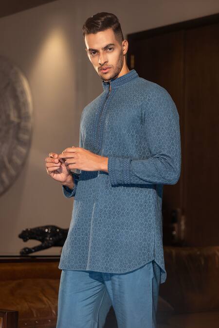 Buy Amit Arora Blue Cotton, Silk Beads Crochet Geometric Pattern Short Kurta With Pant Online at Aza Fashions Buy_Amit Arora_Blue Cotton, Silk Beads Crochet Geometric Pattern Short Kurta With Pant _Online_at_Aza_Fashions