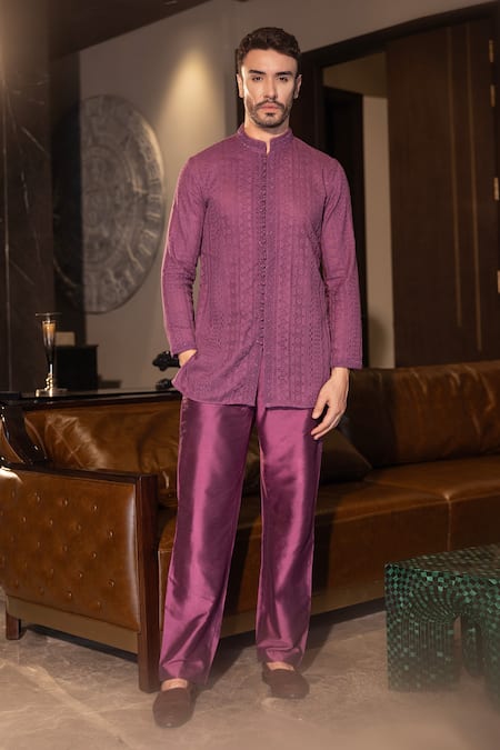 AMIT ARORA Wine Kurta Embroidered Abstract Pattern Short With Pant 