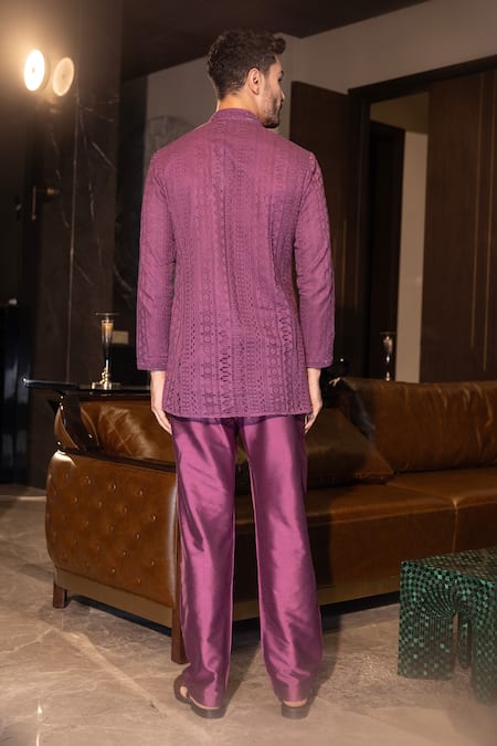 Shop_Amit Arora_Wine Cotton, Silk Beads Crochet Abstract Pattern Short Kurta With Pant _at_Aza_Fashions