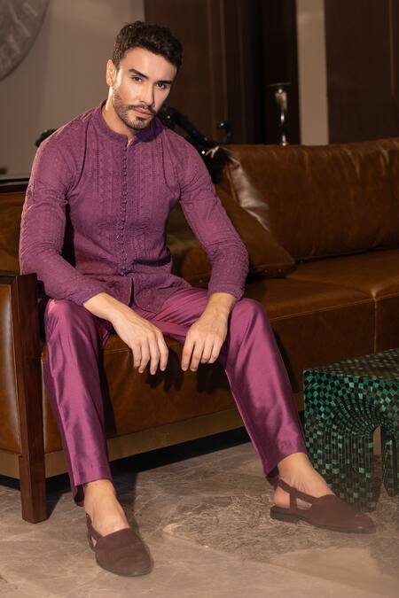 Amit Arora_Wine Cotton, Silk Beads Crochet Abstract Pattern Short Kurta With Pant _Online_at_Aza_Fashions
