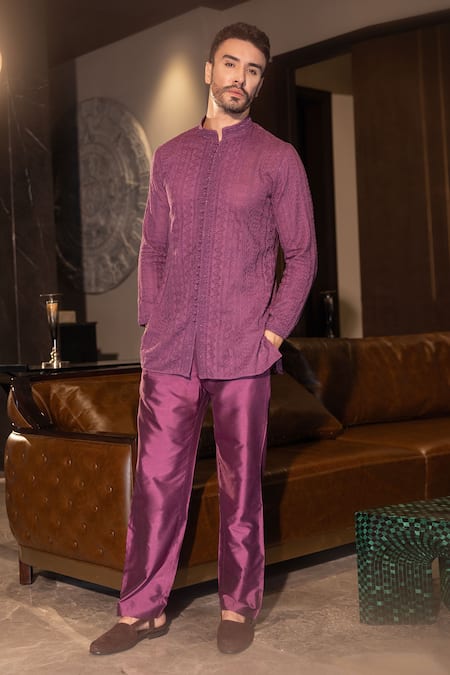 Buy_Amit Arora_Wine Cotton, Silk Beads Crochet Abstract Pattern Short Kurta With Pant _Online_at_Aza_Fashions