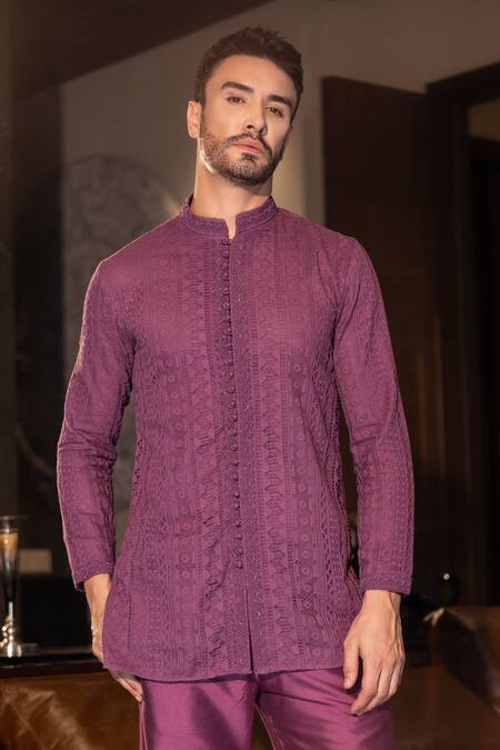 Shop_Amit Arora_Wine Cotton, Silk Beads Crochet Abstract Pattern Short Kurta With Pant _Online_at_Aza_Fashions