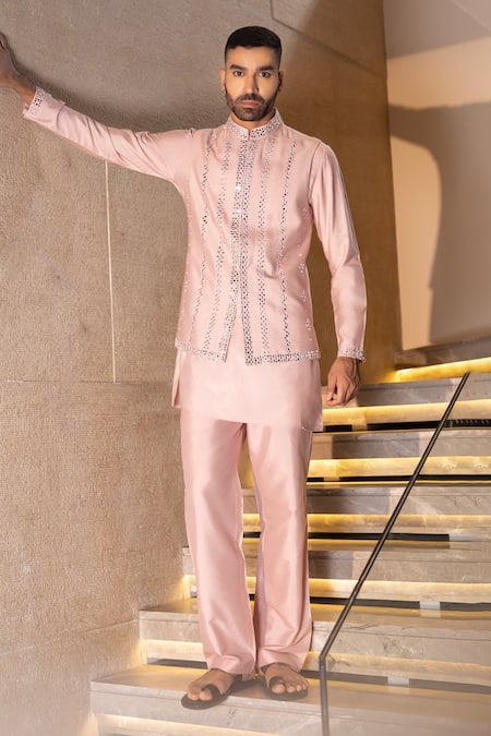 Amit Arora Pink Silk Embroidered Mirror Kurta And Waistcoat Set 