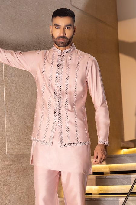 Shop Amit Arora Pink Silk Mirrors, Embroidery Kurta And Waistcoat Set at Aza Fashions Shop_Amit Arora_Pink Silk Mirrors, Embroidery Kurta And Waistcoat Set _at_Aza_Fashions