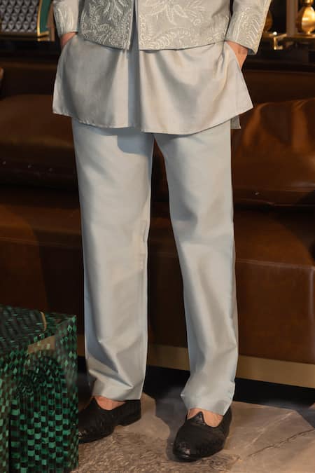 Amit Arora_Mint Mohair, Silk Embroidery, Sequins Floral Hand Waistcoat And Kurta Set _Online_at_Aza_Fashions