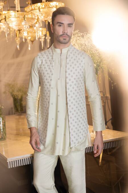 Amit Arora_Green Silk Embroidery Floral Waistcoat With Kurta Set _Online_at_Aza_Fashions