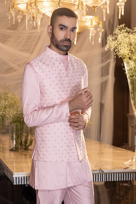 Shop Amit Arora Pink Silk, Cotton Embroidery Geometric Floral Waistcoat With Kurta Set at Aza Fashions Shop_Amit Arora_Pink Silk, Cotton Embroidery Geometric Floral Waistcoat With Kurta Set _at_Aza_Fashions