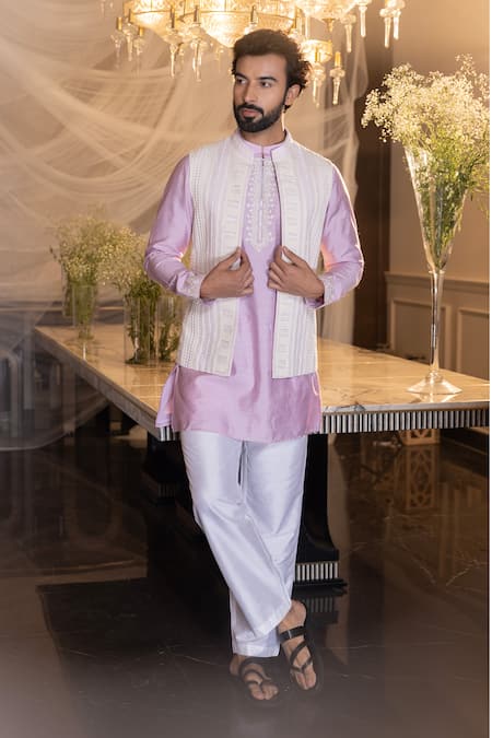 Amit Arora Crochet Waistcoat With Aligarhi Set 