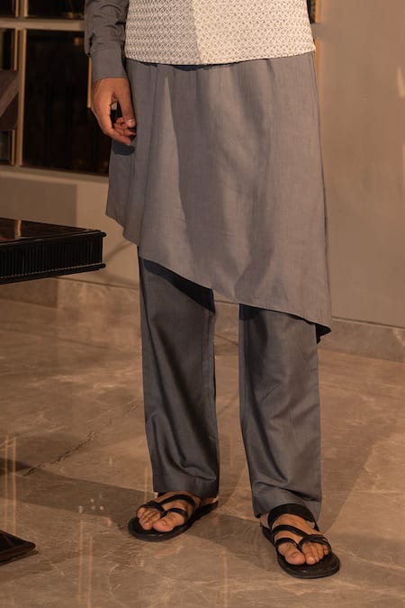 Amit Arora_Grey Jacquard, Modal Embroidery Hand Waistcoat With Asymmetric Kurta Set _Online_at_Aza_Fashions