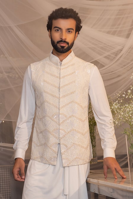 Shop Amit Arora Ivory Silk, Cotton, Modal Beads, Embroidery Hand Waistcoat With Aligarhi Set at Aza Fashions Shop_Amit Arora_Ivory Silk, Cotton, Modal Beads, Embroidery Hand Waistcoat With Aligarhi Set _at_Aza_Fashions