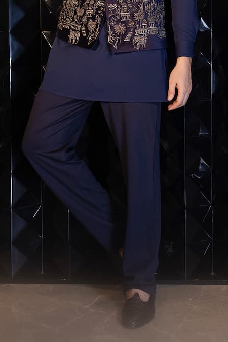 Amit Arora_Blue Velvet, Silk, Polyester Beads, Hand Embroidered Waistcoat With Kurta Set _Online_at_Aza_Fashions
