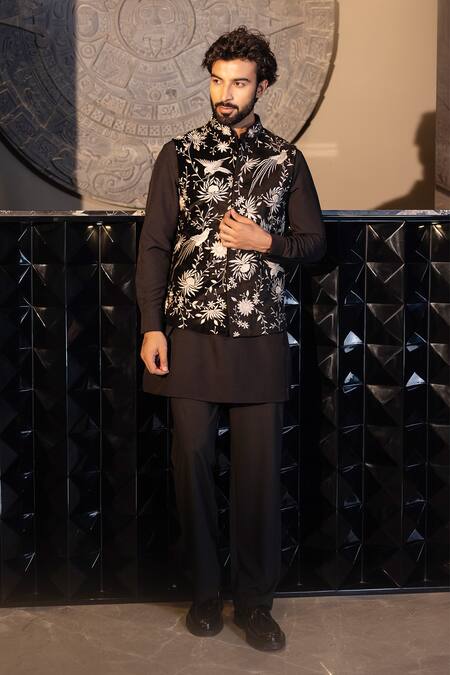 Amit Arora Black Silk, Velvet, Cotton, Polyester Embroidery Contrast Hand Waistcoat Set Online at Aza Fashions Amit Arora_Black Silk, Velvet, Cotton, Polyester Embroidery Contrast Hand Waistcoat Set _Online_at_Aza_Fashions