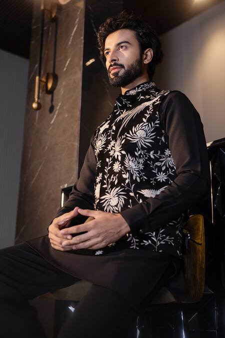 Shop Amit Arora Black Silk, Velvet, Cotton, Polyester Embroidery Contrast Hand Waistcoat Set Online at Aza Fashions Shop_Amit Arora_Black Silk, Velvet, Cotton, Polyester Embroidery Contrast Hand Waistcoat Set _Online_at_Aza_Fashions