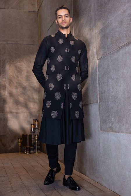 Amit Arora Black Floral Butta Waistcoat & Kurta Set 