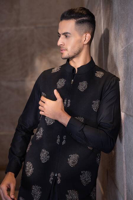 Amit Arora Black Floral Butta Waistcoat & Kurta Set 