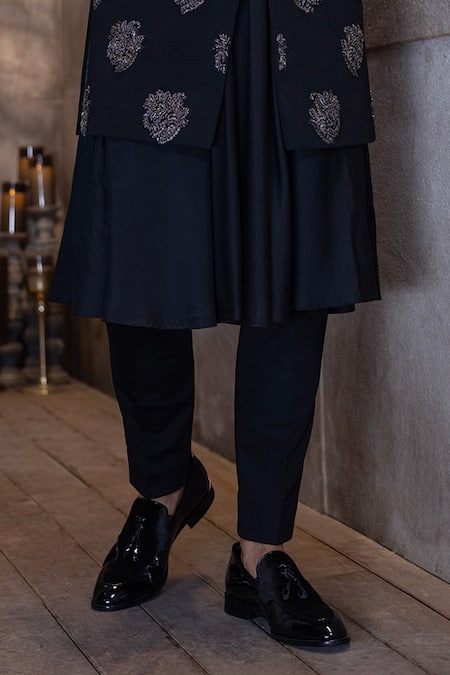 Amit Arora_Black Modal, Cotton, Silk Embroidery Floral Butta Waistcoat And Kurta Set _Online_at_Aza_Fashions