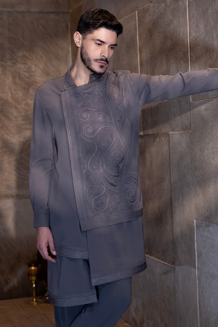 Amit Arora_Grey Polyester Embroidery Thread Asymmetrical Kurta With Aligadhi _Online_at_Aza_Fashions