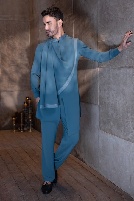AMIT ARORA Blue Poly Knit Embroidery Thread Drape Kurta With Aligadhi 