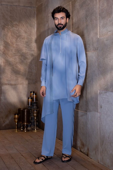 Amit Arora Blue Polyester Embroidery Thread Asymmetric Drape Kurta With Aligadhi 