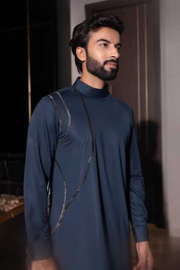 Shop Amit Arora Blue Polyester Embroidery Stones Straight Kurta With Aligadhi at Aza Fashions Shop_Amit Arora_Blue Polyester Embroidery Stones Straight Kurta With Aligadhi _at_Aza_Fashions