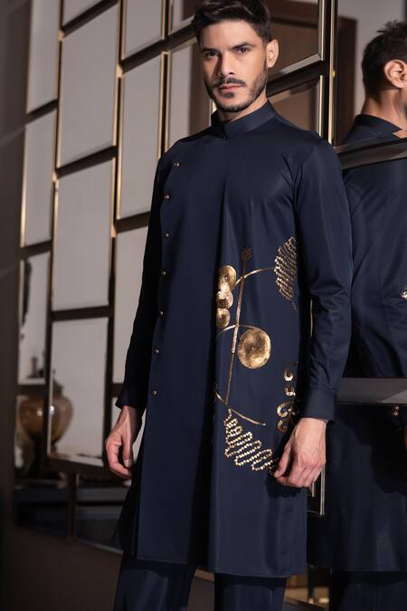 Buy_Amit Arora_Blue Polyester Sequins Abstract Embroidered Kurta With Aligadhi _Online_at_Aza_Fashions