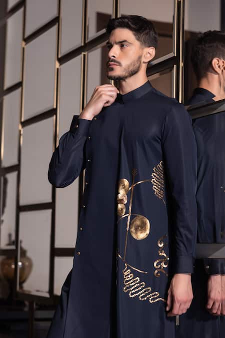 Shop_Amit Arora_Blue Polyester Sequins Abstract Embroidered Kurta With Aligadhi _Online_at_Aza_Fashions