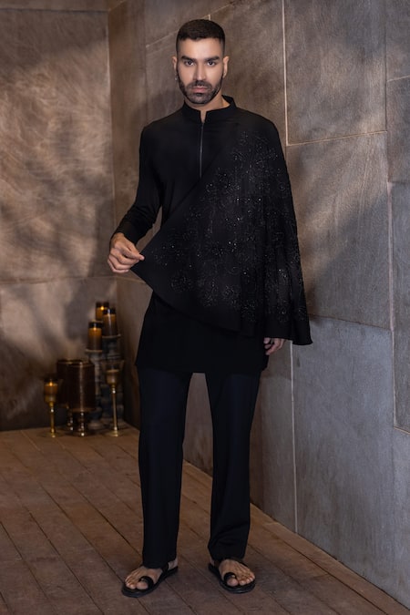 Amit Arora_Black Kota Doria Embroidery, Stones Floral Flared Drape Kurta With Aligadhi _Online_at_Aza_Fashions