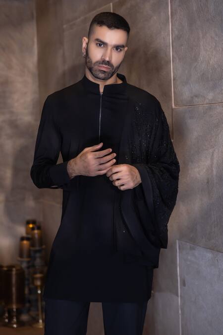 Shop_Amit Arora_Black Kota Doria Embroidery, Stones Floral Flared Drape Kurta With Aligadhi _Online_at_Aza_Fashions