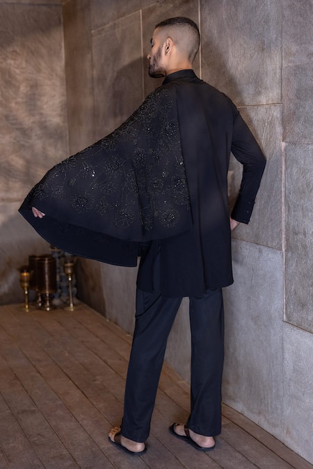 Amit Arora_Black Kota Doria Embroidery, Stones Floral Flared Drape Kurta With Aligadhi _at_Aza_Fashions