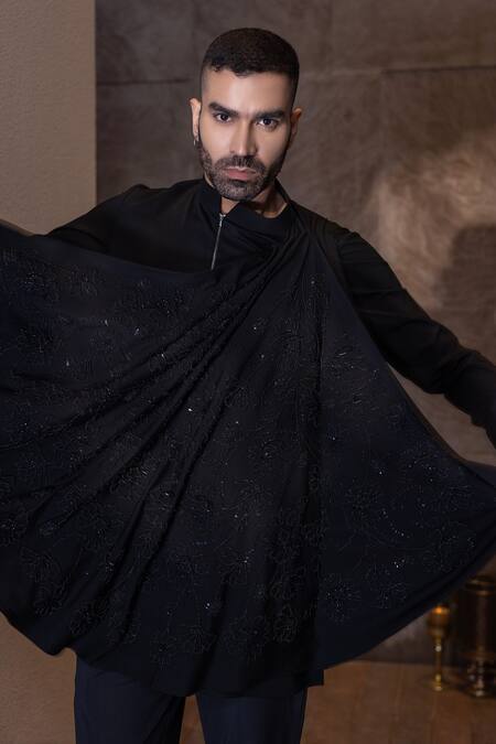 Buy_Amit Arora_Black Kota Doria Embroidery, Stones Floral Flared Drape Kurta With Aligadhi 