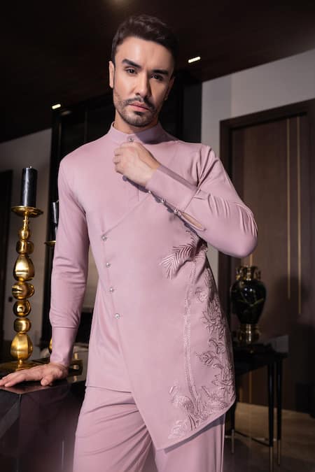 Amit Arora Palm Tree Embroidered Short Kurta With Aligadhi 