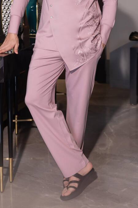 Amit Arora_Pink Polyester Embroidery Palm Tree Short Kurta With Aligadhi _Online_at_Aza_Fashions