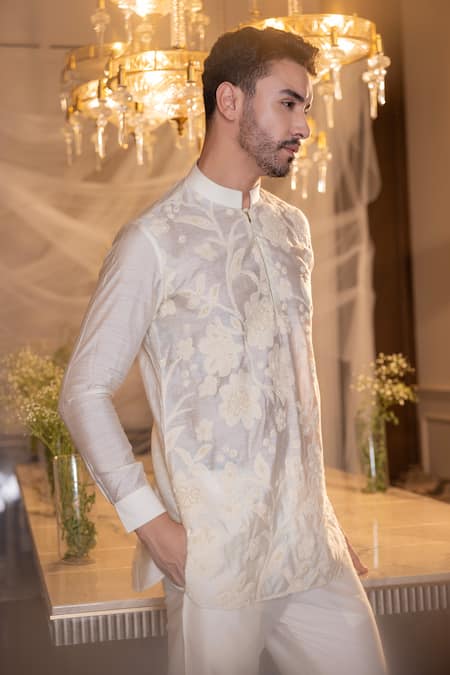 Amit Arora Floral Embroidered Short Kurta With Aligadhi 